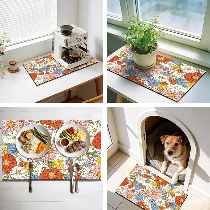 GLOBLELAND Florals Pet Food Mat for Floors 11.8×20 inch Dogs Food Mats Absorbent Dog Bowl Mat Quick Dry Dog Cat Pet Placemats Pets Supplies for Water Dispenser