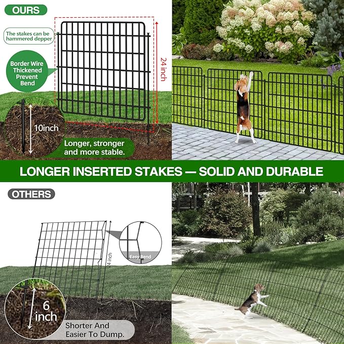 5 Panels Garden Fencing Animal Barrier with Lock, 24 in(H) X 10 Ft(L) Dog Fence Outdoor for Yard Rustproof No Dig Decorative Tall Garden Fence Metal Wire Panel Border Rabbit Ground Stakes Fencing