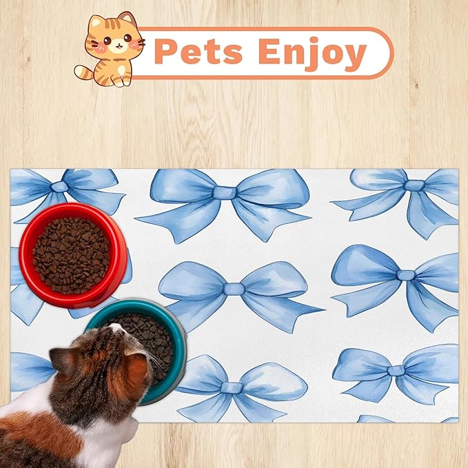 Blue Bowk Dog Food Mat for Floors Absorbent, Quick Dry Water Dispenser Mat for Food, Water, Pet Supplies 24" x 32", Cute Bowknot