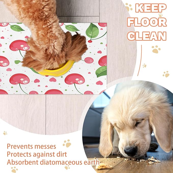 Pink Cherry Dog Food Mat for Floors Absorbent Dog Bowl Mat for Food and Water Dispenser Quick Dry Cat Food Placemat Pet Supplies 24" x 32", Polka Dot Sweethearts Love
