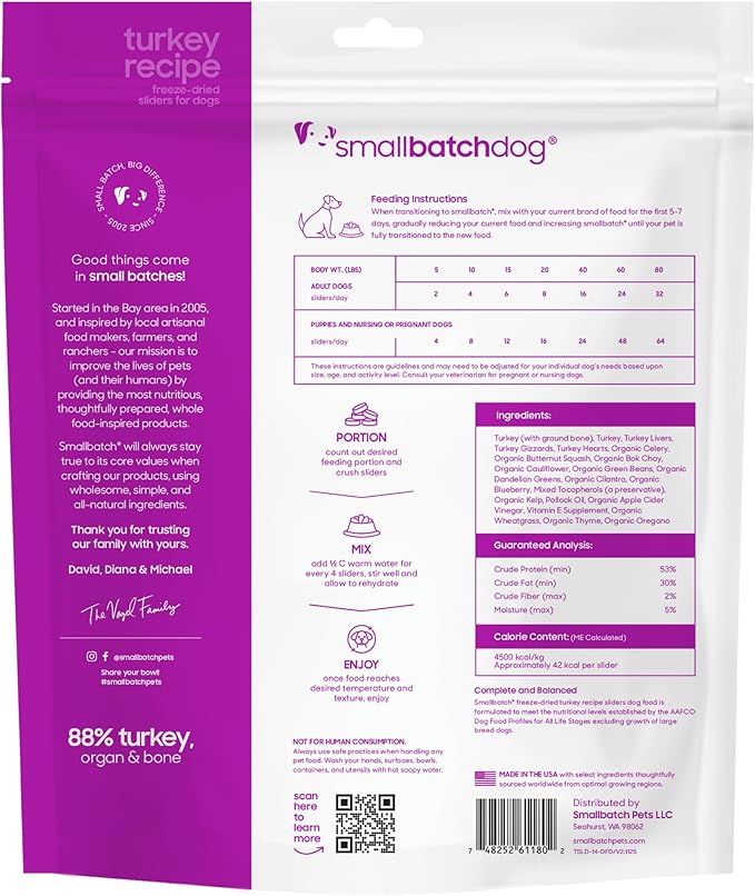 smallbatch Pets Freeze Dried Raw Dog Food, Turkey Recipe, 14 oz, Organic High Protein Dog Food, Grain Free, Made in The USA, Humanely Raised Meat, Single Protein, for Picky Eaters, Hydrate & Serve