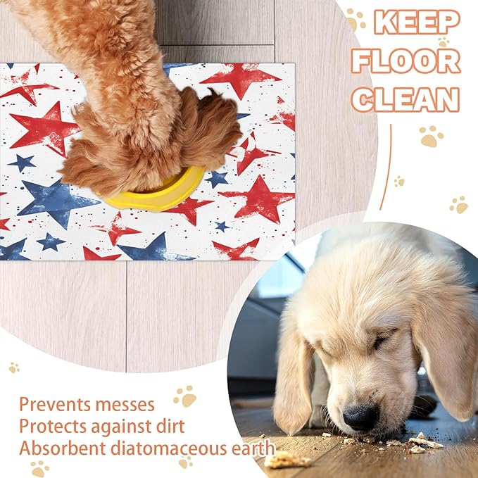 4th of July Dog Food Mat for Floors Absorbent Dog Bowl Mat for Food and Water Dispenser Quick Dry Cat Food Placemat Pet Supplies 24" x 32", Red Blue Stars