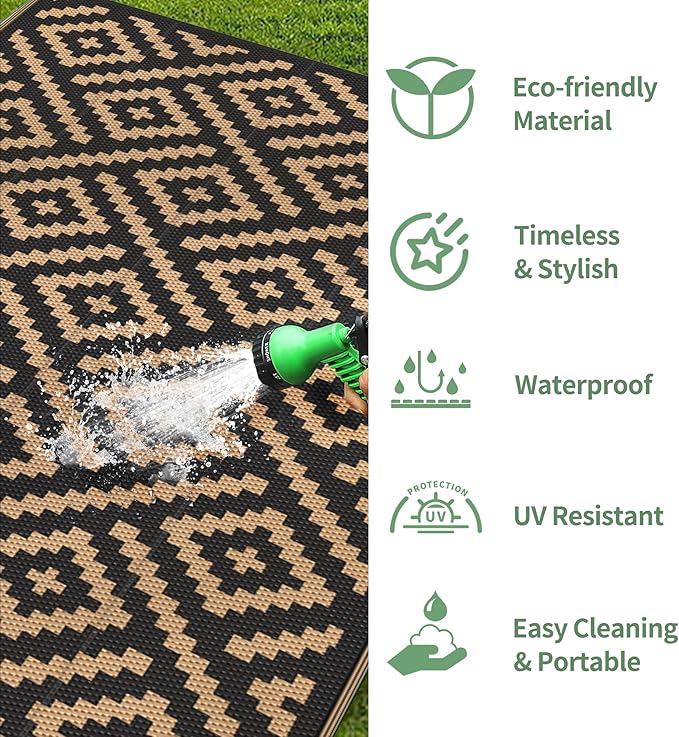 GENIMO Outdoor Rug for Patio Clearance, 8'x16' Waterproof Camping Mat, Reversible Plastic Straw Rugs for RV, Camper, Balcony, Backyard, Picnic, Deck, Black & Brown