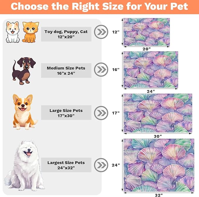 Watercolor Shell Dog Food Mat for Floors Absorbent Dog Bowl Mat for Food and Water Dispenser Quick Dry Cat Food Placemat Pet Supplies 16" x 24", Coastal Seashell
