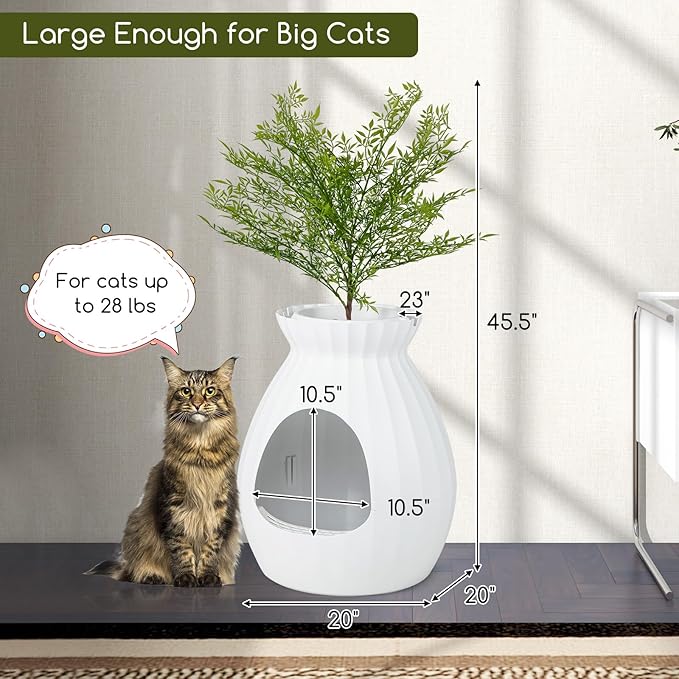 Tangkula Plant Litter Box, Hidden Cat Litter Box Enclosure Furniture with Smart Odor Control System, Artificial Plant, Large Planter Litter Box with Door Curtain, Pebbles, Scoop for Cats, Kitty
