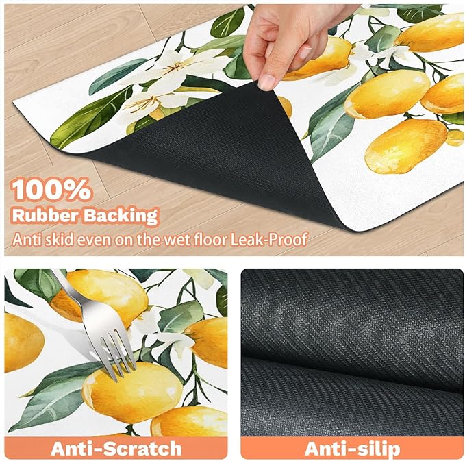 Lemon Dog Food Mat for Floors Absorbent Dog Bowl Mat for Food and Water Dispenser Quick Dry Cat Food Placemat Pet Supplies 12" x 20", Floral Plant