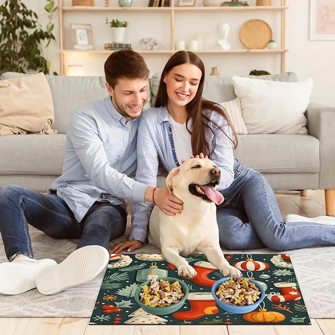 Christmas Sock Dog Food Mat for Floors Absorbent, Quick Dry Water Dispenser Mat for Food, Water, Pet Supplies 17" x 30", Xmas Tree