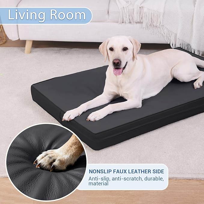 Vonabem Outdoor Dog Bed Waterproof Washable, XXL Large Crate Pad 48 Inch with Removable Cover, Leather Foam Pet Beds, Durable Anti-Slip Kennel Pad 47"x29" Black