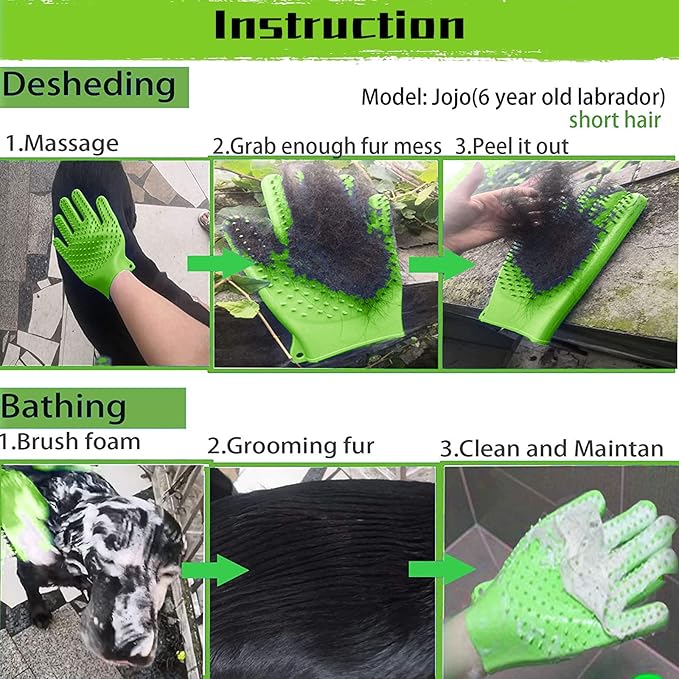 YOFANG Double-Side Pet Grooming Gloves, 4-in-1 Bathing Massage Hair Remover Brush, Anti-Slip Bite-Proof for Cat,Food Grade Silicone Deshedding Glove for Dogs Cats Horses Rabbits,Green-9" L (1 Pair)
