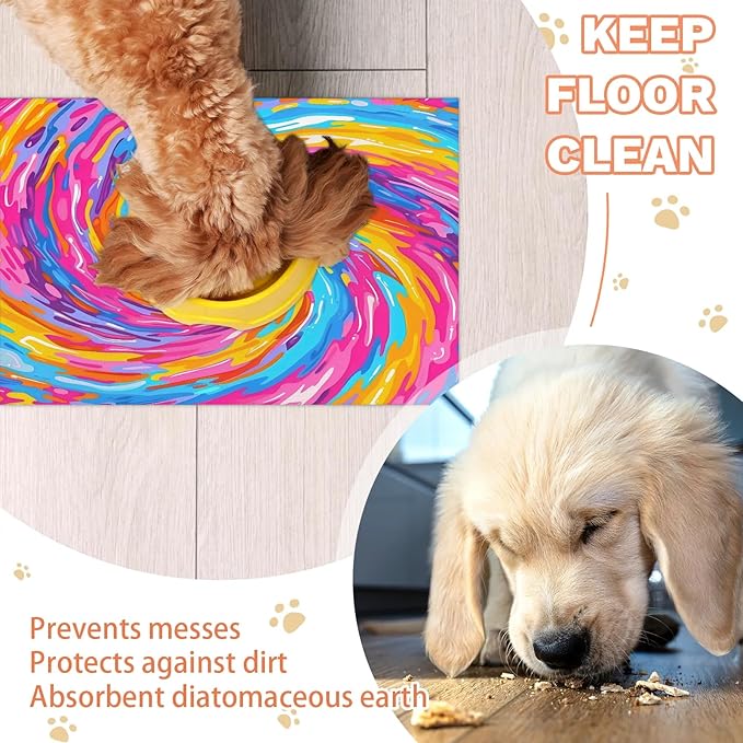 Tie dye Dog Food Mat for Floors Absorbent, Quick Dry Water Dispenser Mat for Food, Water, Pet Supplies 16" x 24", Colorful Boho Rainbow