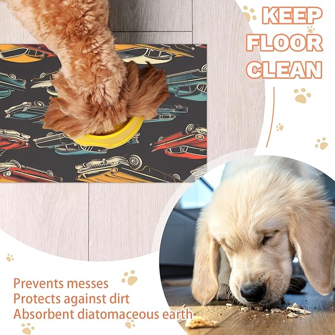 Colorful Racing Car Dog Food Mat for Floors Absorbent, Quick Dry Water Dispenser Mat for Food, Water, Pet Supplies 24" x 32", Vintage Car