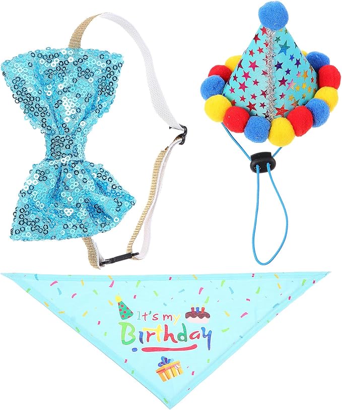 Tofficu Dog Birthday Bandana and Hat Set for Pets Blue Cotton Scarf with Birthday Hat Dog Party Decoration Supplies Celebration