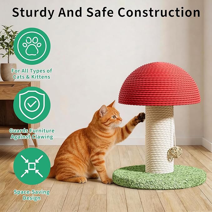 Cat Scratching Post & Cat Tree 6.3×7.1×11 in, Mushroom Shaped Small Cat Tower with Natural Sisal Rope, Durable Cat Scratcher & Cat Toy for Indoor Cats & Kittens