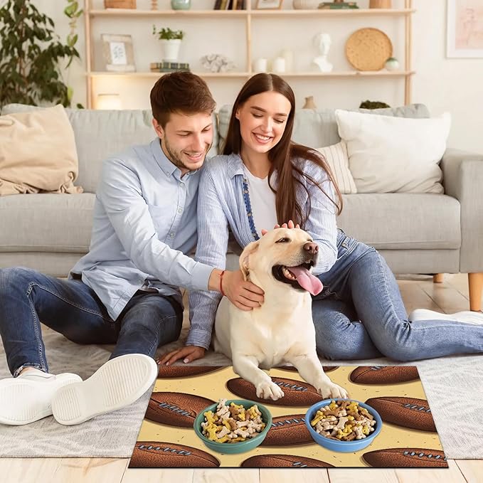 Rugby Dog Food Mat for Floors Absorbent, Quick Dry Water Dispenser Mat for Food, Water, Pet Supplies 12" x 20", American Football Sport