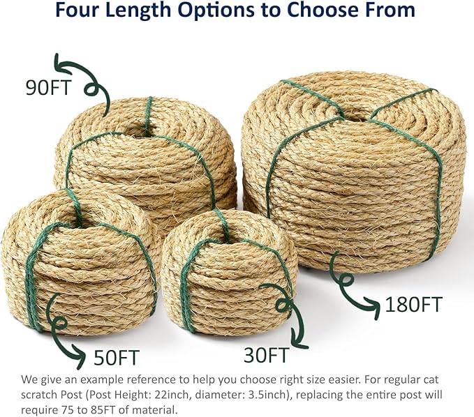 WePet Cat Natural Sisal Rope for Scratching Post Tree Replacement, Hemp Rope for Repairing, Recovering or DIY Scratcher, Natural Color, 30FT