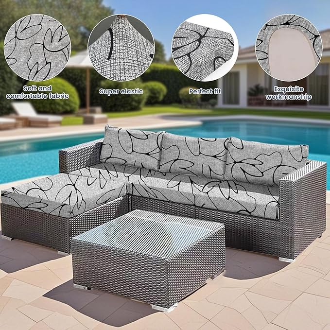 HANDONTIME 8Pcs Outdoor Cushion Covers Waterproof Striped Patio Cushion Covers Stretch Outdoor Couch Cover Replacement Patio Furniture Cover for Pets Sofa Cover Washable (Grey Abstract,Cover Only)
