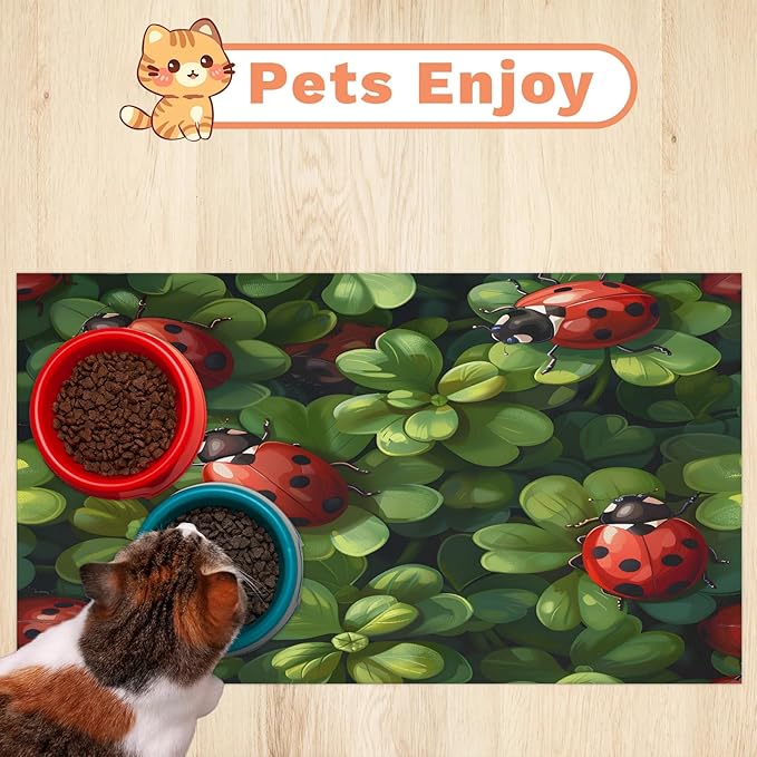 Red Ladybird Dog Food Mat for Floors Absorbent, Quick Dry Water Dispenser Mat for Food, Water, Pet Supplies 24" x 32", Green Leaf