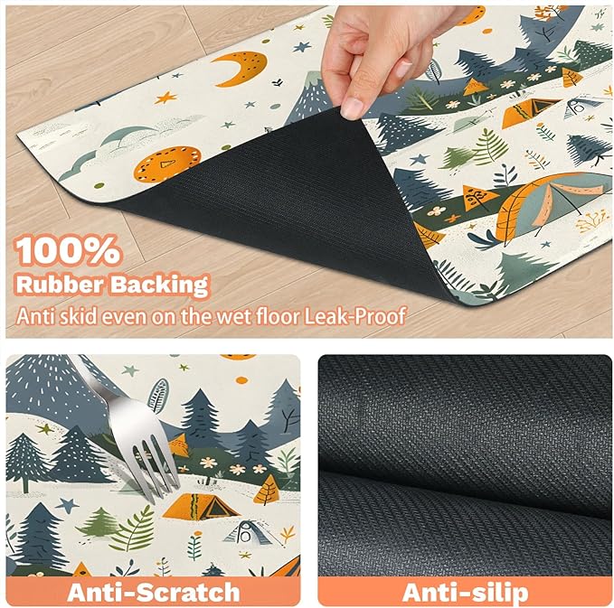 Boho Camping Dog Food Mat for Floors Absorbent, Quick Dry Water Dispenser Mat for Food, Water, Pet Supplies 24" x 32", Mountain Forest
