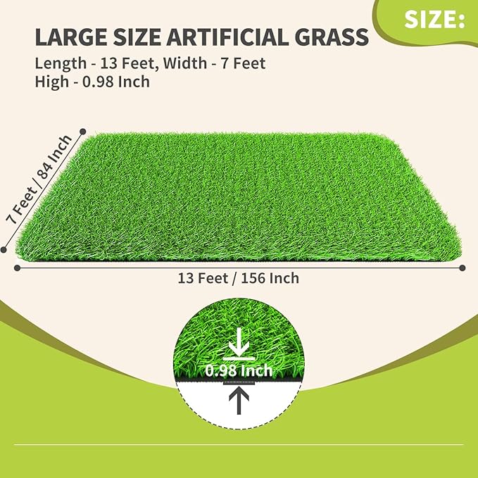 LOOBANI Artificial Grass Rug Indoor Outdoor, Realistic Synthetic Grass with Drainage Holes, Artificial Grass Turf for Balcony Garden Landscape Decoration, 7 Feet x 13 Feet