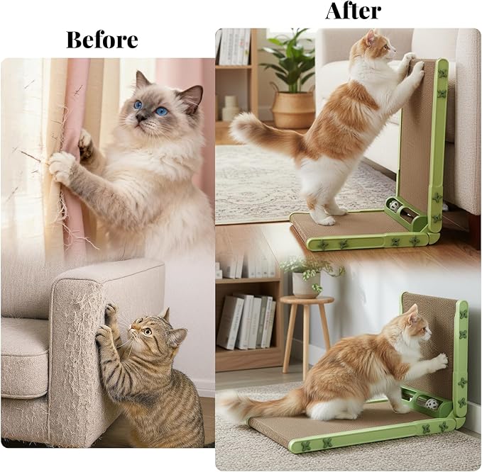 L Shape Cat Scratcher, 26.8 Inch Cat Scratchers for Indoor Cats, Protecting Furniture Cat Scratch Pad, Cardboard Cat Scratching with Ball Toy, Catnip, Large (Green)