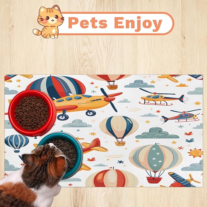 Airplane Dog Food Mat for Floors Absorbent, Quick Dry Water Dispenser Mat for Food, Water, Pet Supplies 24" x 32", Hot Air Balloon