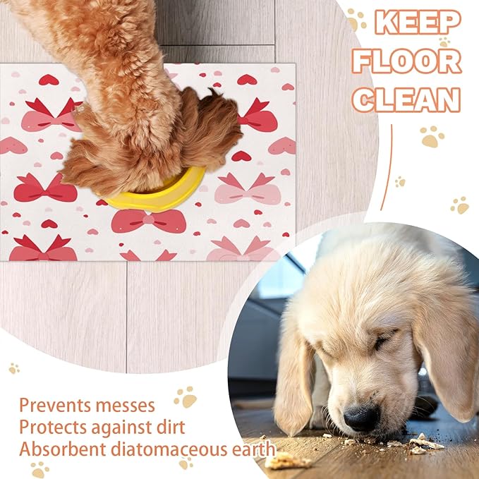 Bow Dog Food Mat for Floors Absorbent, Quick Dry Water Dispenser Mat for Food, Water, Pet Supplies 12" x 20", Love