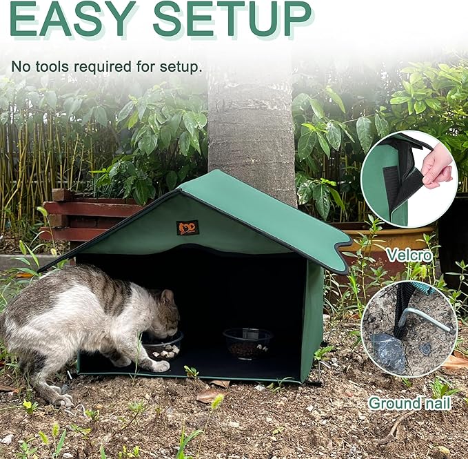 Outdoor Cat House, Waterproof Pet Shelter/Dining Room, for Feral/Community Cats (Green1)