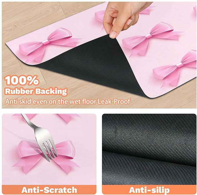 Pink Bow Dog Food Mat for Floors Absorbent, Quick Dry Water Dispenser Mat for Food, Water, Pet Supplies 17" x 30", Cute Bowknot