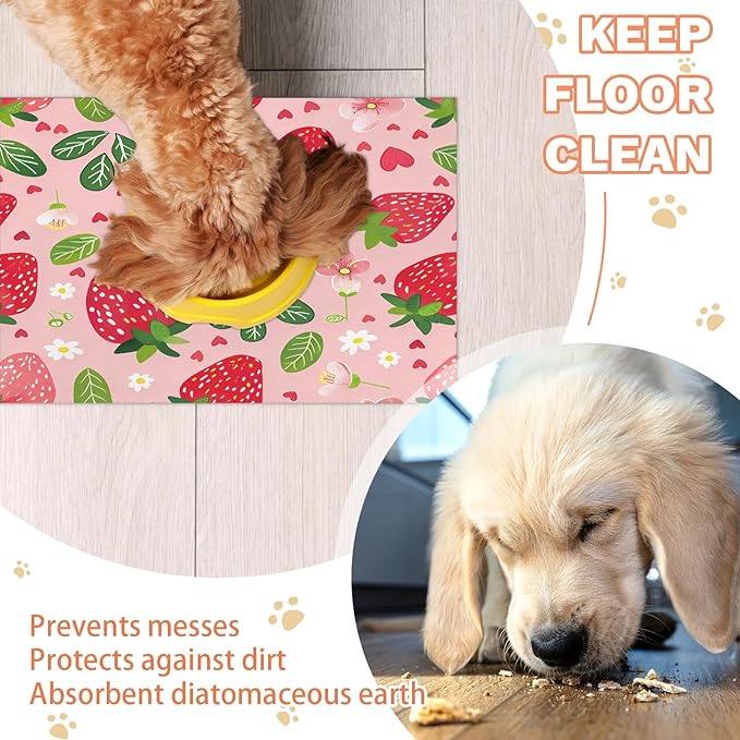 Boho Strawberry Dog Food Mat for Floors Absorbent Dog Bowl Mat for Food and Water Dispenser Quick Dry Cat Food Placemat Pet Supplies 24" x 32", Flora Leaves