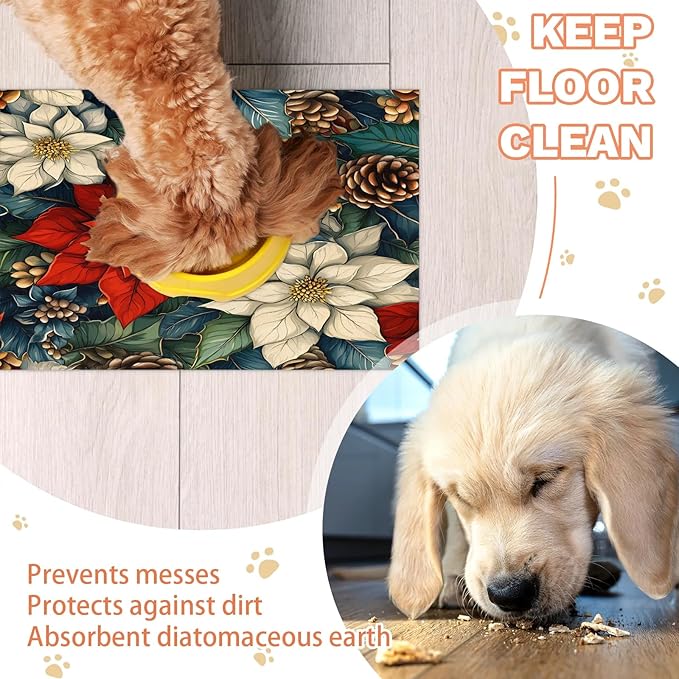Christmas Flower Dog Food Mat for Floors Absorbent, Quick Dry Water Dispenser Mat for Food, Water, Pet Supplies 24" x 32", Pine Cones
