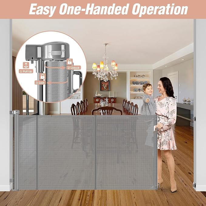 Reinforced 42" Extra Tall x 75" Wide Retractable Baby Gates with Support Rods - Prevent Crawling Under Extra Tall Pet Gate Indoor Mesh Baby Gates for Dogs Outdoor Retractable Gate, Gray
