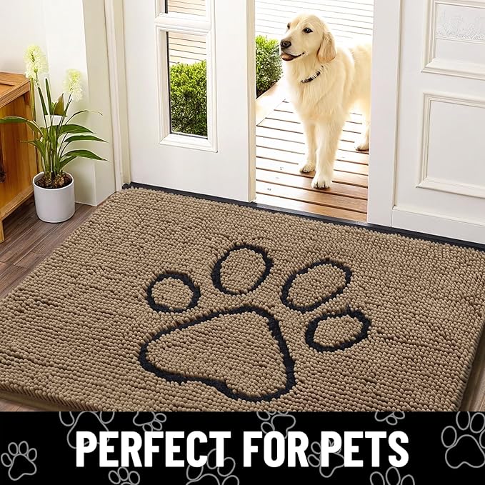 Smiry Dog Door Mat for Muddy Paws, Absorbent Dirt Trapper Non Slip Quick Dry Washable Chenille Mat for Mud Dogs, Entry Rug for Indoor and Outdoor (59x35 Inches, Camel and Black)