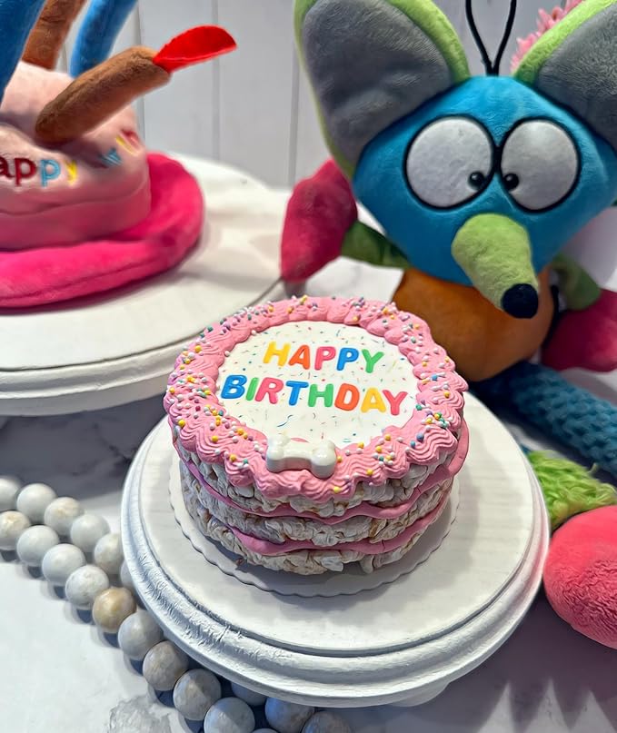 Lot of 6 Dezicakes Crispy Vanilla Pink Dog Birthday Cakes- Edible Puppy Party Crispy Vanilla Rice Cake- Handmade with Love- Perfect Dog Party Cake Boxed, Iced and Decorated