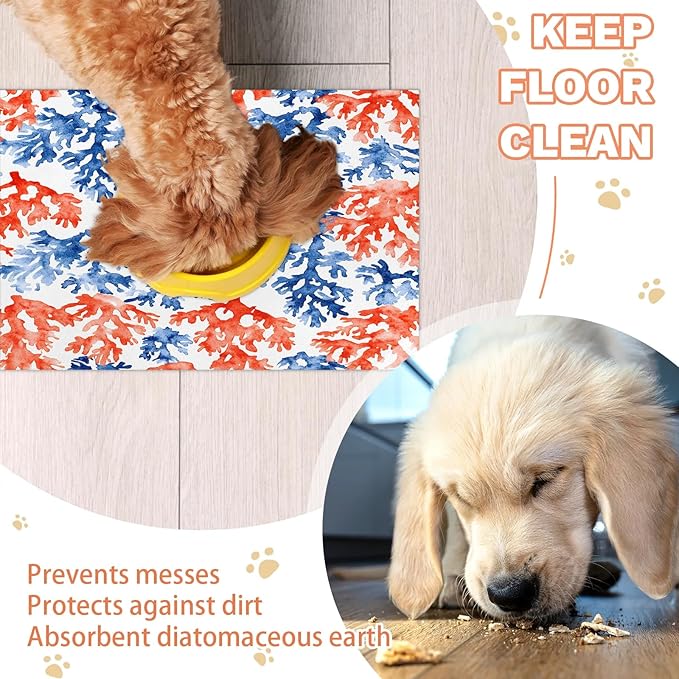 Coastal Beach Dog Food Mat for Floors Absorbent Dog Bowl Mat for Food and Water Dispenser Quick Dry Cat Food Placemat Pet Supplies 12" x 20", Watercolor Coral