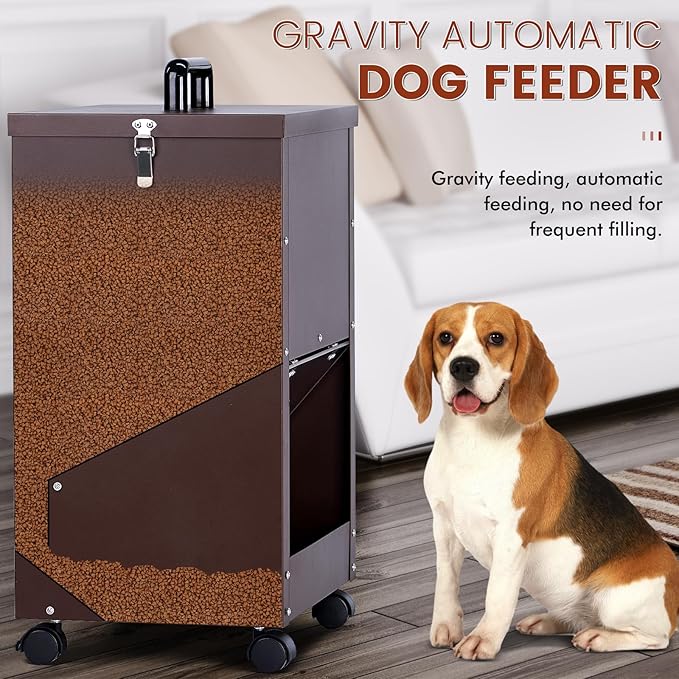 Automatic Dog Feeder Large Breed 30lb Outdoor Dog Food Dispenser for Large Dogs Self Feeding Galvanized Metal Dogs Pets Feeder Gravity Food Feed with Wheels (Brown)