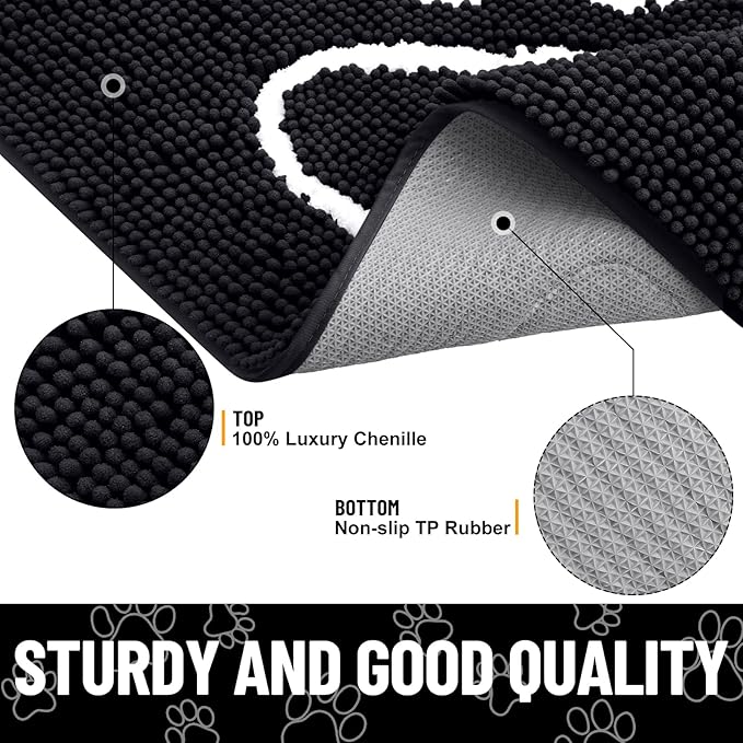 Smiry Dog Door Mat for Muddy Paws, Absorbent Dirt Trapper Non Slip Quick Dry Washable Chenille Mat for Mud Dogs, Entry Rug for Indoor and Outdoor (48x30 Inches, Black and White)