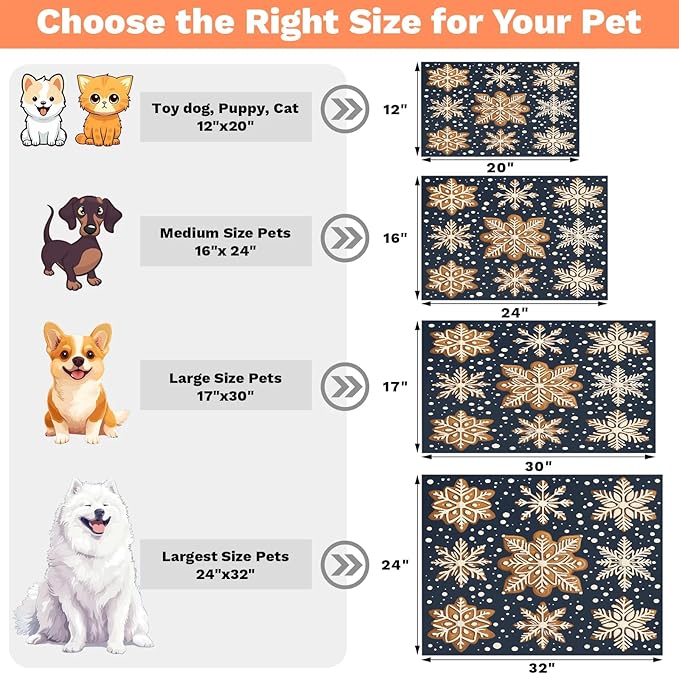 Gingerbread Snow Dog Food Mat for Floors Absorbent, Quick Dry Water Dispenser Mat for Food, Water, Pet Supplies 16" x 24", Snowflake