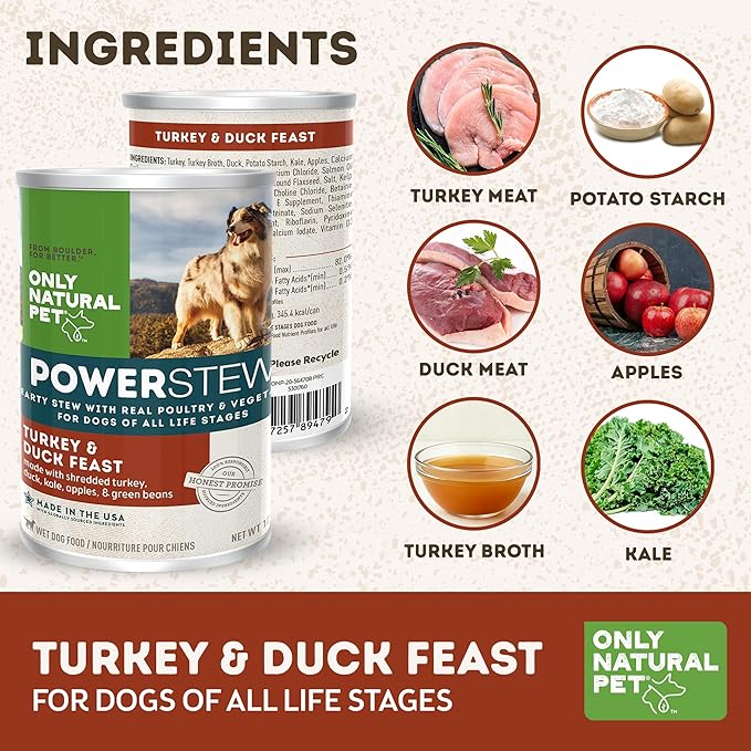 Only Natural Pet PowerStew Turkey & Duck Feast Wet Dog Food – Legume and Grain-Free with Savory Broth & Vegetables, Balanced for All Breeds and Ages, 12.5 oz Cans, Pack of 6 (T)