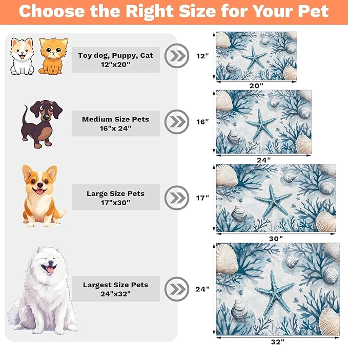Starfish Seashells Dog Food Mat for Floors Absorbent Dog Bowl Mat for Food and Water Dispenser Quick Dry Cat Food Placemat Pet Supplies 24" x 32", Ocean Beach Coral