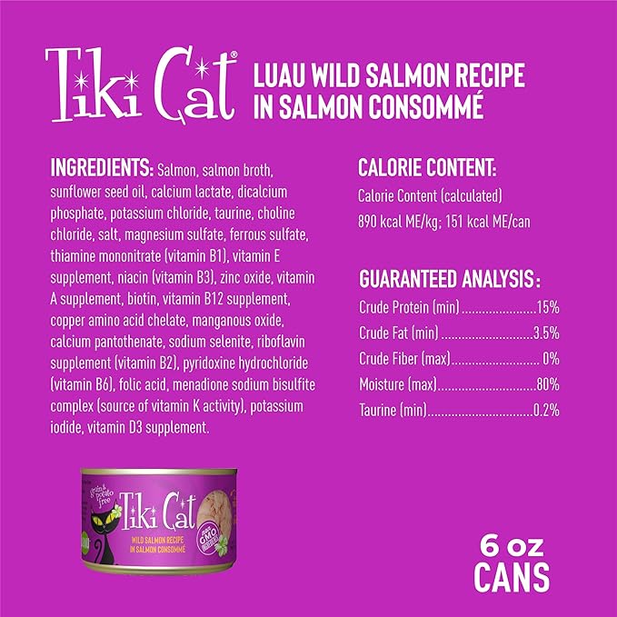 Tiki Cat Luau Shredded Meat, Wild Salmon Recipe in Salmon Consumme, Grain-Free Balanced Nutrition Wet Canned Cat Food, For All Life Stages, 6 oz. Can (8 Count)
