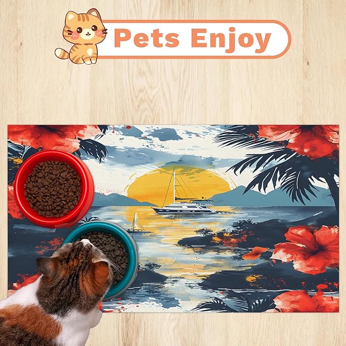 Sea Ship Dog Food Mat for Floors Absorbent, Quick Dry Water Dispenser Mat for Food, Water, Pet Supplies 17" x 30", Flower