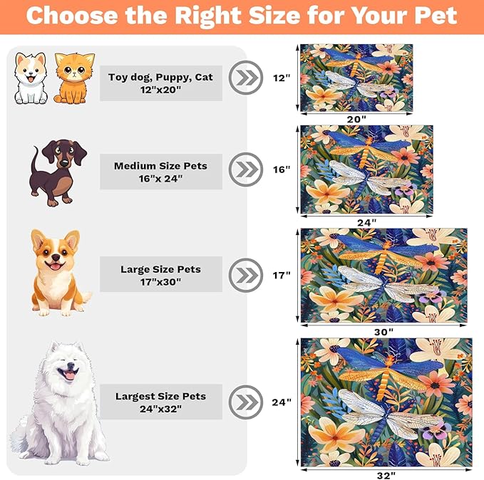 Floral Dragonfly Dog Food Mat for Floors Absorbent, Quick Dry Water Dispenser Mat for Food, Water, Pet Supplies 17" x 30", Wildflower Plant