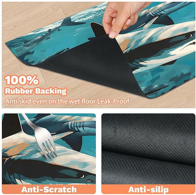 Sea Shark Dog Food Mat for Floors Absorbent Dog Bowl Mat for Food and Water Dispenser Quick Dry Cat Food Placemat Pet Supplies 17" x 30", Watercolor Fish