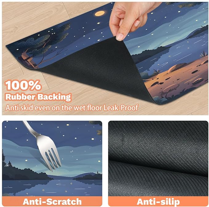 Mountain Forest Dog Food Mat for Floors Absorbent, Quick Dry Water Dispenser Mat for Food, Water, Pet Supplies 24" x 32", Moon Star Clouds