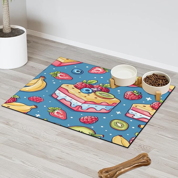 Fruit Cake Dog Food Mat for Floors Absorbent Dog Bowl Mat for Food and Water Dispenser Quick Dry Cat Food Placemat Pet Supplies 16" x 24", Sweet