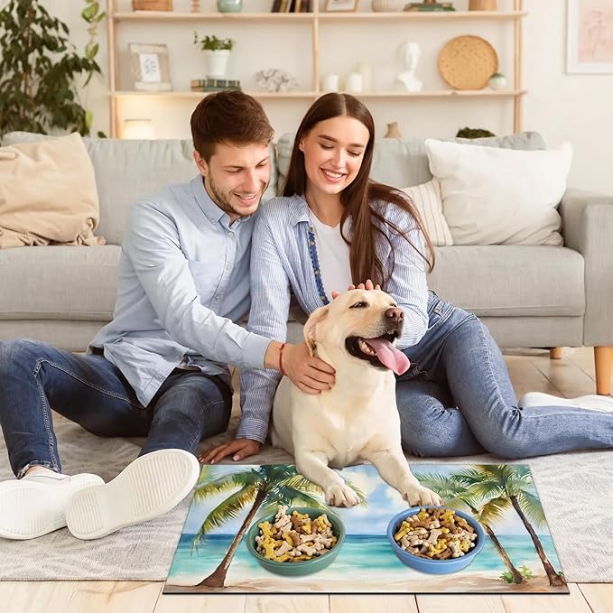 Summer Beach Dog Food Mat for Floors Absorbent, Quick Dry Water Dispenser Mat for Food, Water, Pet Supplies 17" x 30", Tropical Palm Tree