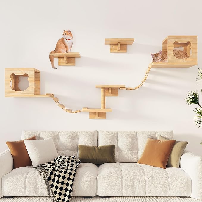 Cat Wall Shelves and Perches, Pine Wooden Cat Wall Furniture Climbing Shelves with Climber, Condo, Scratching Post, Ladder & Platform