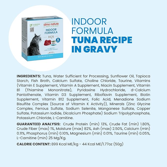 almo nature Supportive Formula Indoor HQS Flaked Tuna Formula in Gravy Wet Cat Food, 1.77-oz can, case of 6