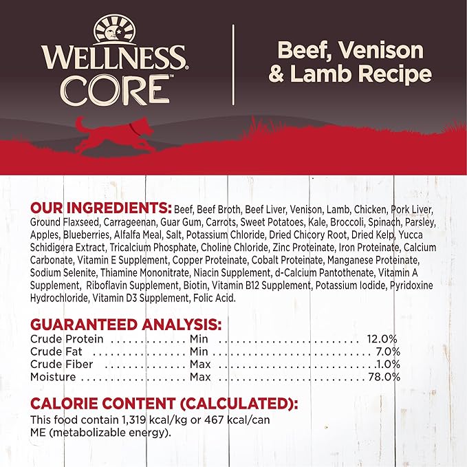 Wellness CORE Natural Wet Grain Free Canned Dog Food, Beef, Venison & Lamb, 12.5-Ounce Can (Pack of 12)