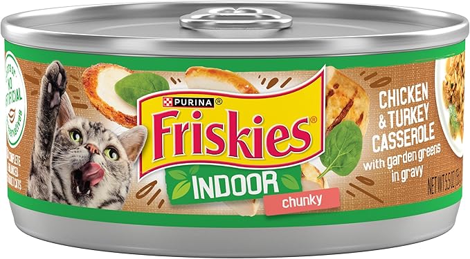 Purina Friskies Indoor Cat Food Chunky Chicken and Turkey Casserole With Garden Greens in Gravy 24/5.5 Oz - (Pack of 24) 5.5 Oz. Cans